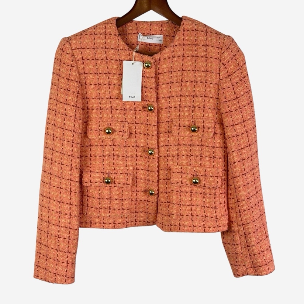 Mango MNG Short Tweed Blazer Orange Goldtone Button Details Size S NEW - Picture 4 of 15